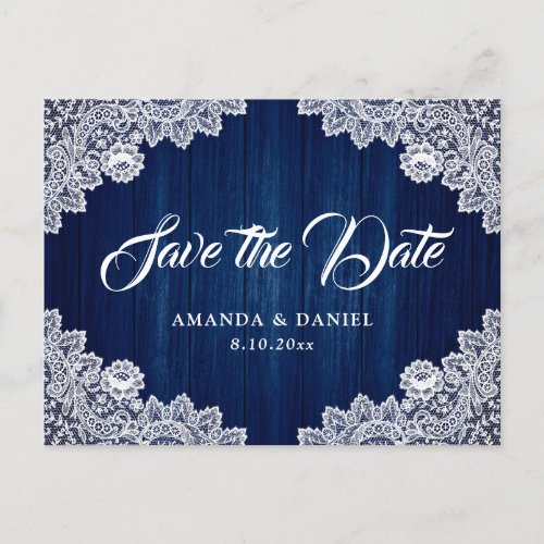Rustic Navy Blue Wood Lace Wedding Save The Date Announcement Postcard
