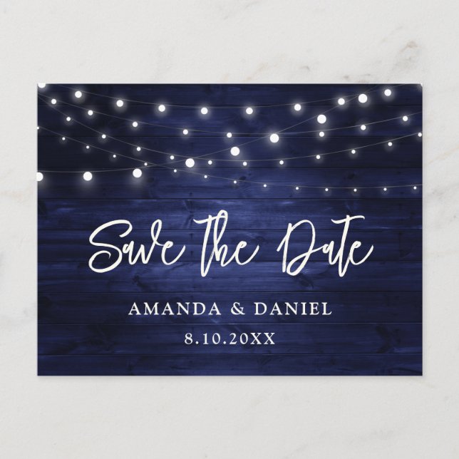 Rustic Navy Blue Wood Lights Wedding Save The Date Announcement Postcard (Front)