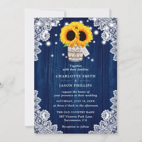 Rustic Navy Blue Wood Mason Jar Sunflower Wedding Invitation