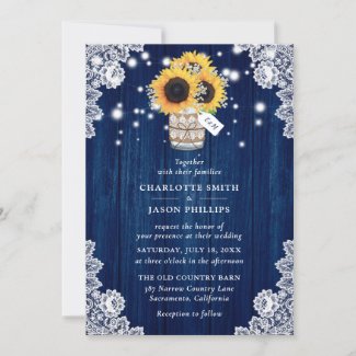 Rustic Navy Blue Wood Mason Jar Sunflower Wedding Invitation