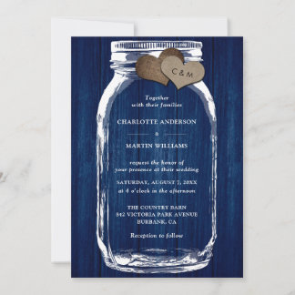 Rustic Navy Blue Wood Mason Jar Wedding Invitation