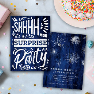Rustic Navy Blue Wood Shh Surprise Birthday Party Invitation