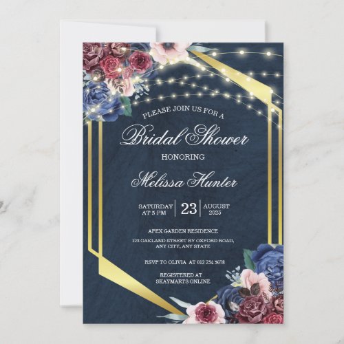 Rustic Navy Blue Wood String Light Bridal Shower Invitation