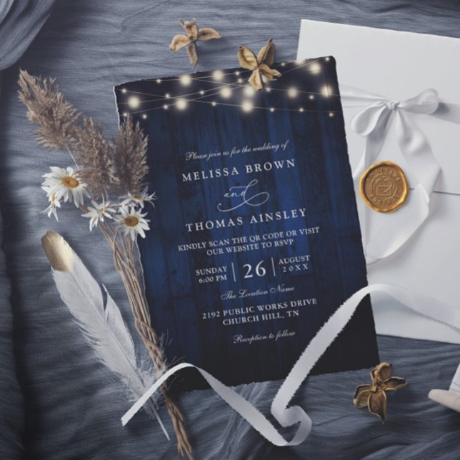 Rustic Navy Blue Wood String Light QR Code Wedding Invitation (Creator Uploaded)