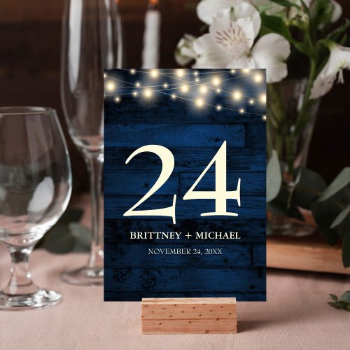 Rustic Navy Blue Wood String Light Table Card