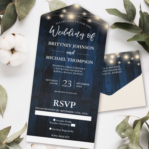 Rustic Navy Blue Wood String Light Wedding Song All In One Invitation