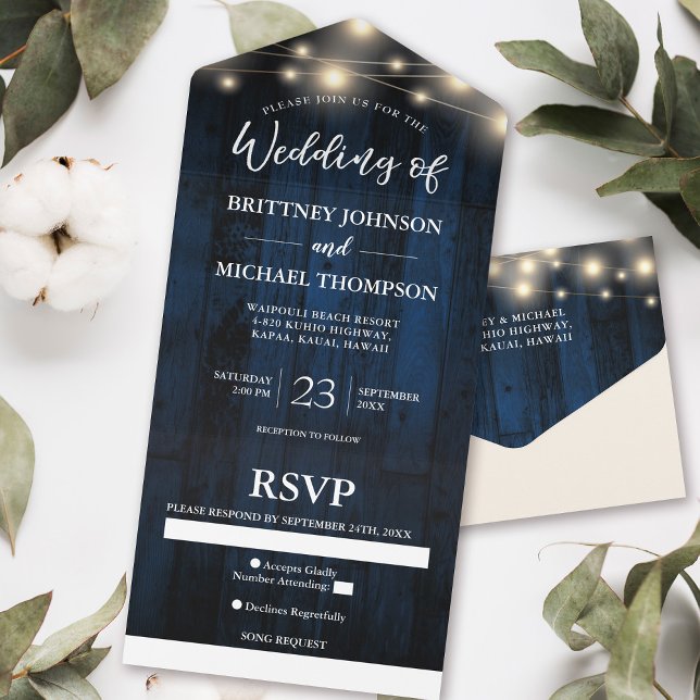 Rustic Navy Blue Wood String Light Wedding Song All In One Invitation (Creator Uploaded)