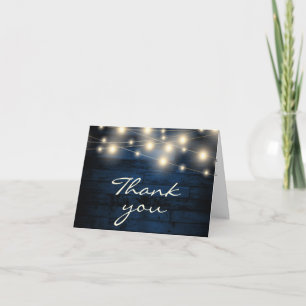 Rustic Navy Blue Wood String Lights Letterpress Thank You Card
