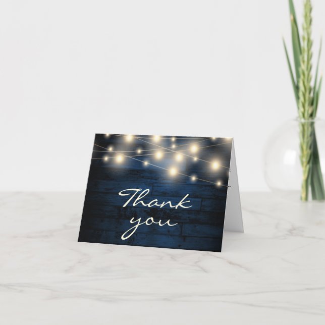 Rustic Navy Blue Wood String Lights Letterpress Thank You Card (Front)