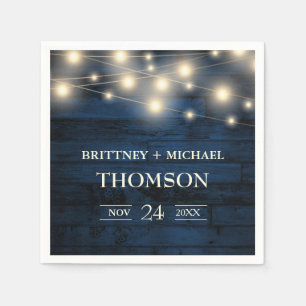 Rustic Navy Blue Wood String Lights Napkins