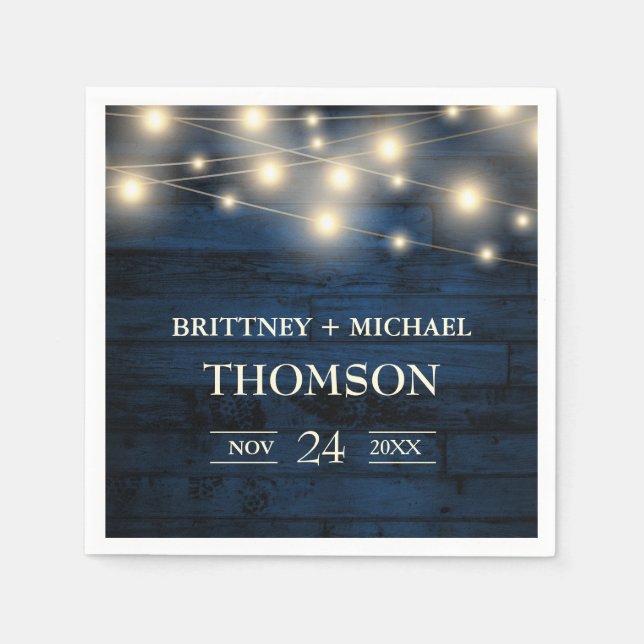 Rustic Navy Blue Wood String Lights Napkins (Front)