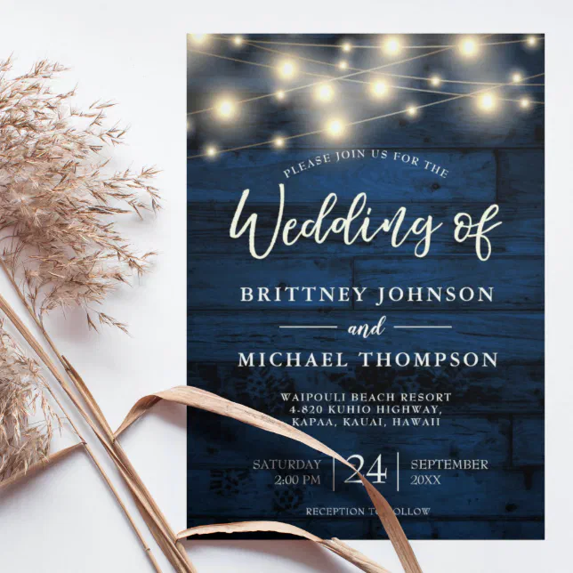 Rustic Navy Blue Wood String Lights Wedding Invitation Zazzle