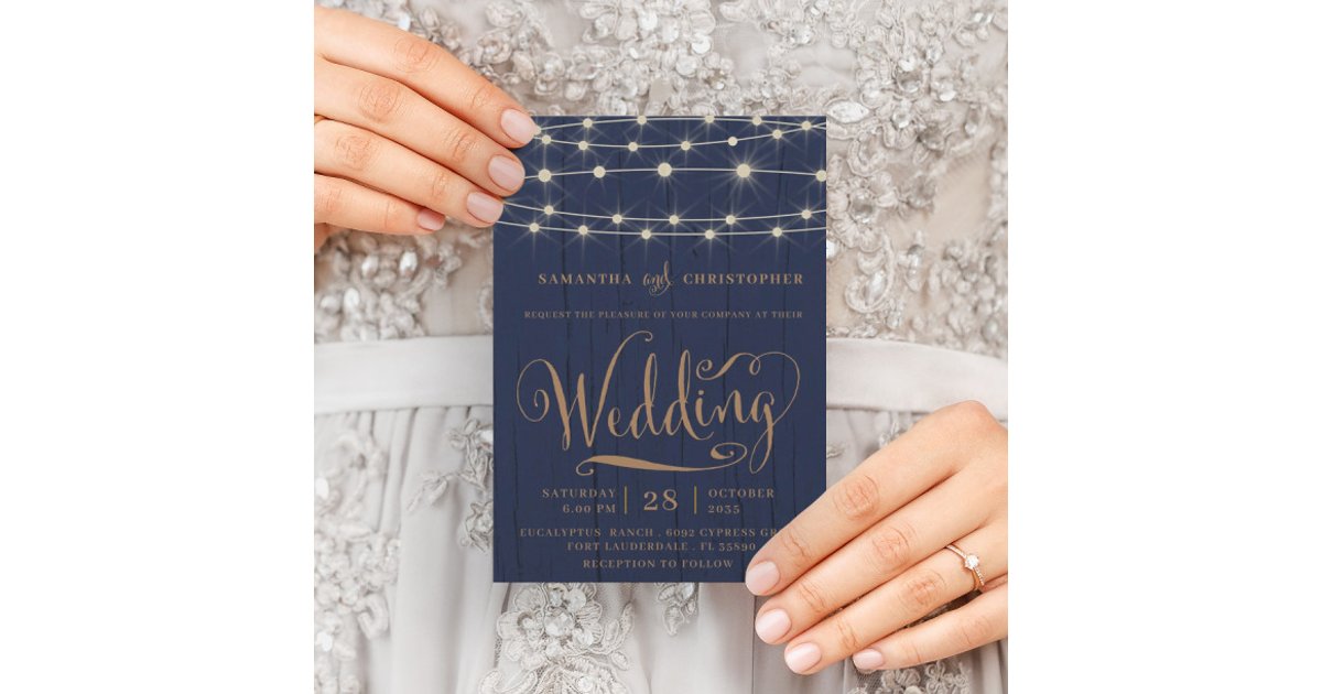 Rustic Navy Blue Wood & String Lights Wedding Invitation | Zazzle