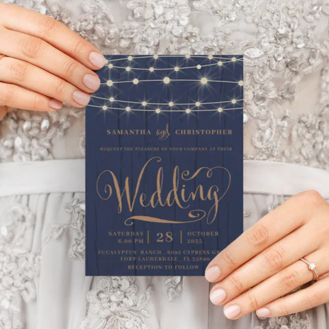 Rustic Navy Blue Wood & String Lights Wedding Invitation | Zazzle