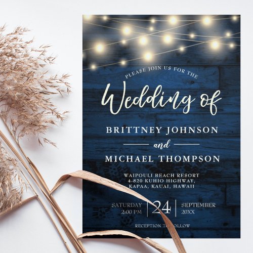 Rustic Navy Blue Wood String Lights Wedding Invitation