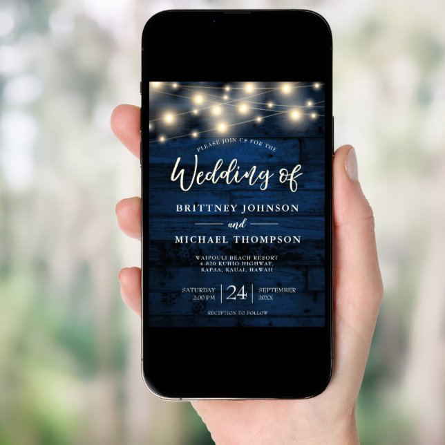 Rustic Navy Blue Wood String Lights Wedding Invitation (Front Digital)