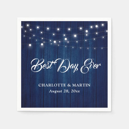 Rustic Navy Blue Wood String Lights Wedding Napkins