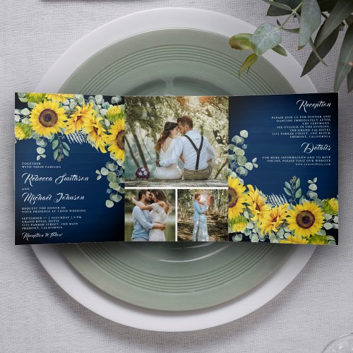 Rustic Navy Blue Wood Sunflower Eucalyptus Wedding Tri_Fold Invitation