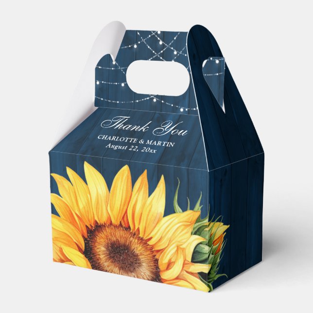 Rustic Navy Blue Wood Sunflower Floral Monogram Favor Boxes (Front Side)