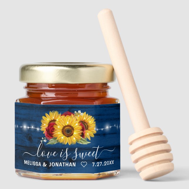 Rustic Navy Blue Wood Sunflower Red Rose Wedding Honey Jar Favors (Front)