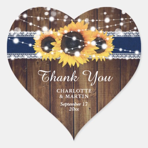 Rustic Navy Blue Wood Sunflower Wedding Heart Sticker