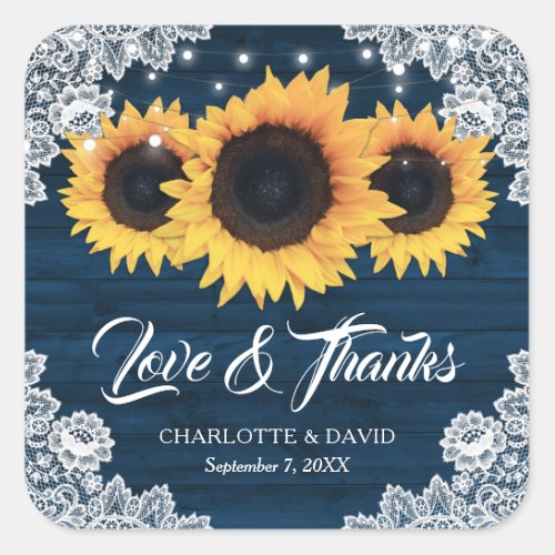 Rustic Navy Blue Wood Sunflower Wedding Thank You Square Sticker