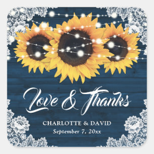 Rustic Navy Blue Wood Sunflower Wedding Thank You Square Sticker