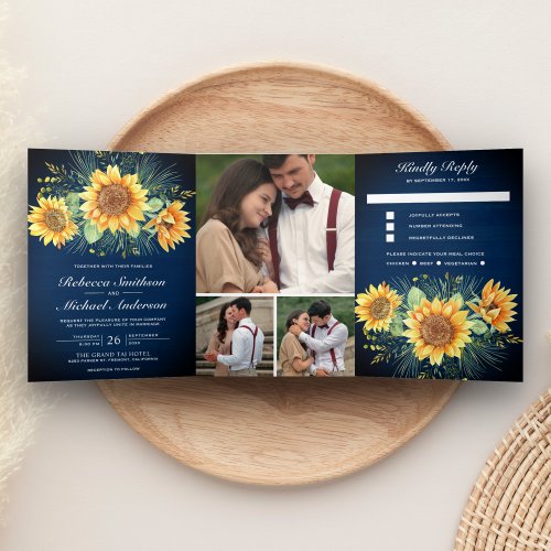 Rustic Navy Blue Wood Sunflowers Photo Wedding Tri_Fold Invitation