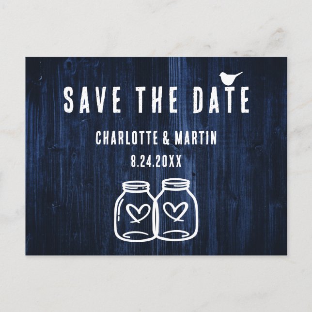 Rustic Navy Blue Wood Wedding Save The Date Announcement Postcard (Front)