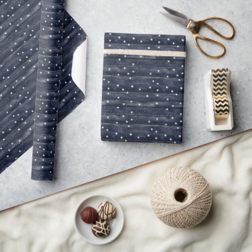 Rustic navy blue wooden texture white stars USA  Wrapping Paper