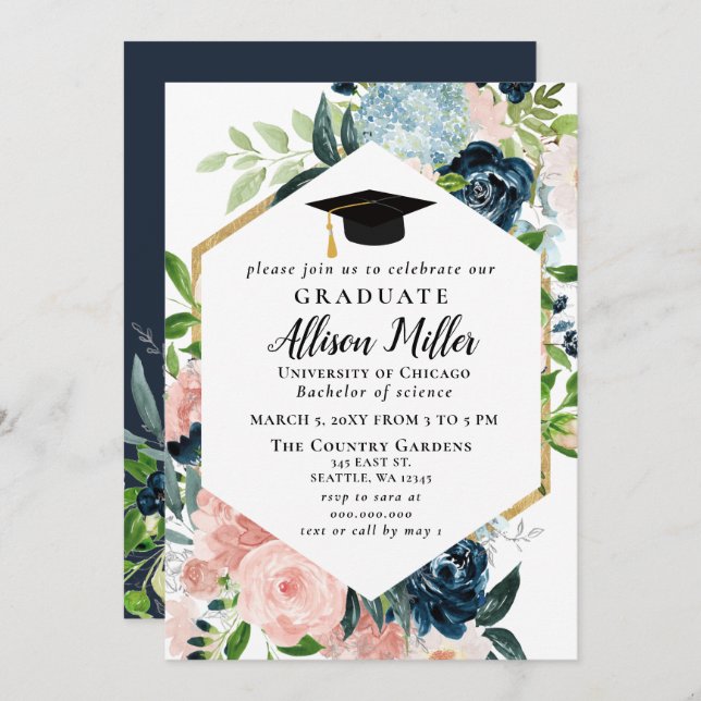 Rustic Navy Blush Floral Botanical Graduation Invitation (Front/Back)