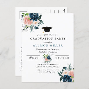 Rustic Navy Blush Floral Botanical Graduation Postcard