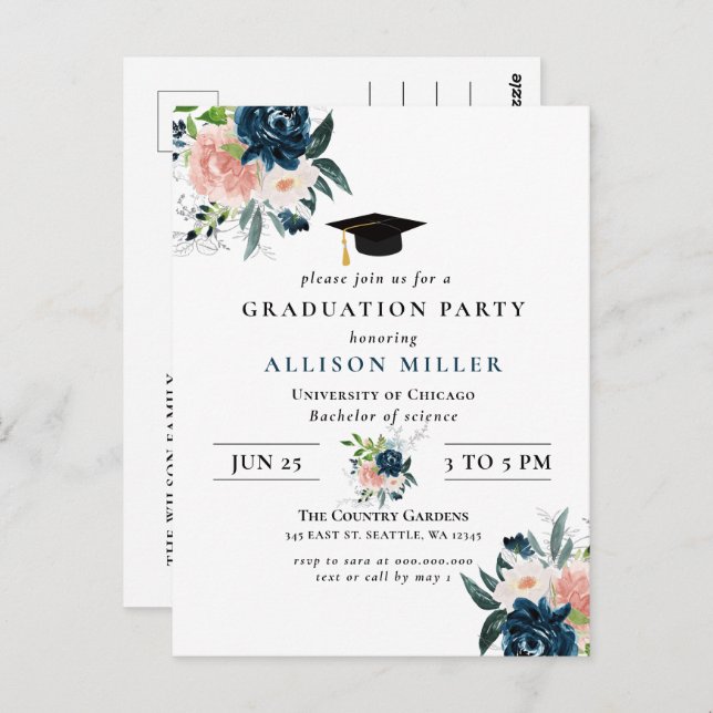 Rustic Navy Blush Floral Botanical Graduation Postcard (Front/Back)