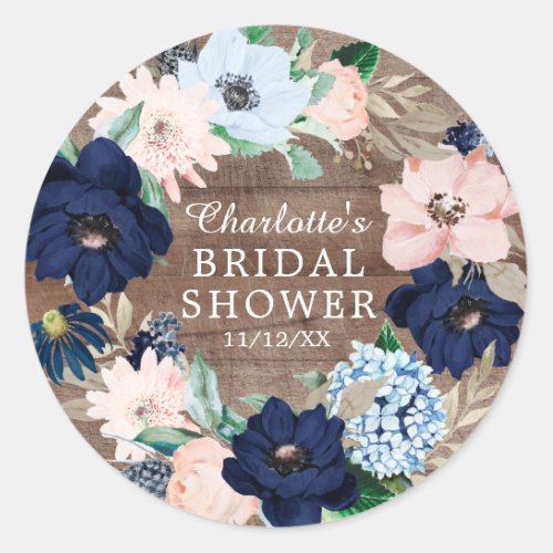 Rustic Navy  Blush Floral Bridal Shower Favor Classic Round Sticker