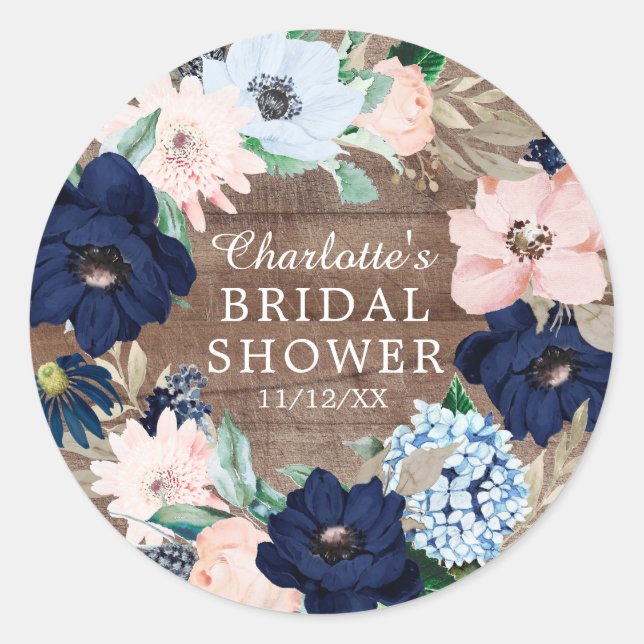 Rustic Navy & Blush Floral Bridal Shower Favor Classic Round Sticker (Front)
