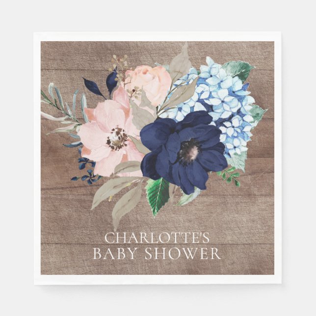 Rustic Navy & Blush Floral Shower Paper Napkins (Front)