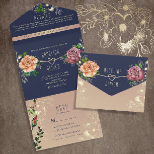 Rustic Navy Blush Floral Wedding All In One Invitation