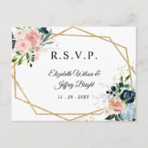 Rustic Navy Blush Gold Floral Geometric  RSVP Invitation Postcard