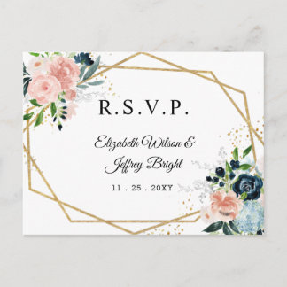  Rustic Navy Blush Gold Floral Geometric  RSVP Invitation Postcard