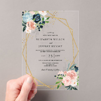 Rustic Navy Blush Gold Floral Geometric Wedding Acrylic Invitations