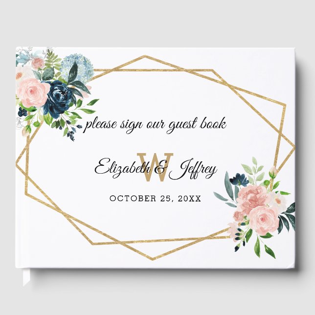  Rustic Navy Blush Gold Floral Geometric Wedding Guest Book (Front)