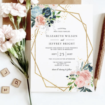 Rustic Navy Blush Gold Floral Geometric Wedding Invitation