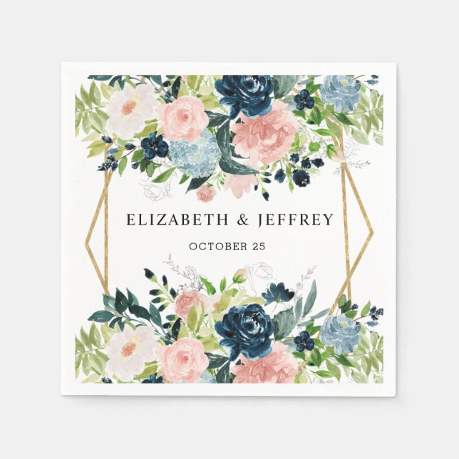 Rustic Navy Blush Gold Floral Geometric Wedding Napkins (Front)
