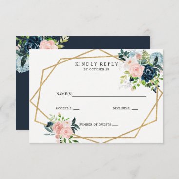Rustic Navy Blush Gold Floral Geometric Wedding RSVP Card