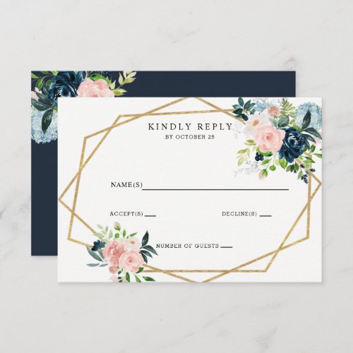 Rustic Navy Blush Gold Floral Geometric Wedding RSVP Card