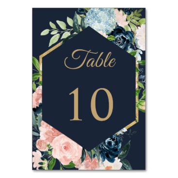 Rustic Navy Blush Gold Floral Geometric Wedding Table Number