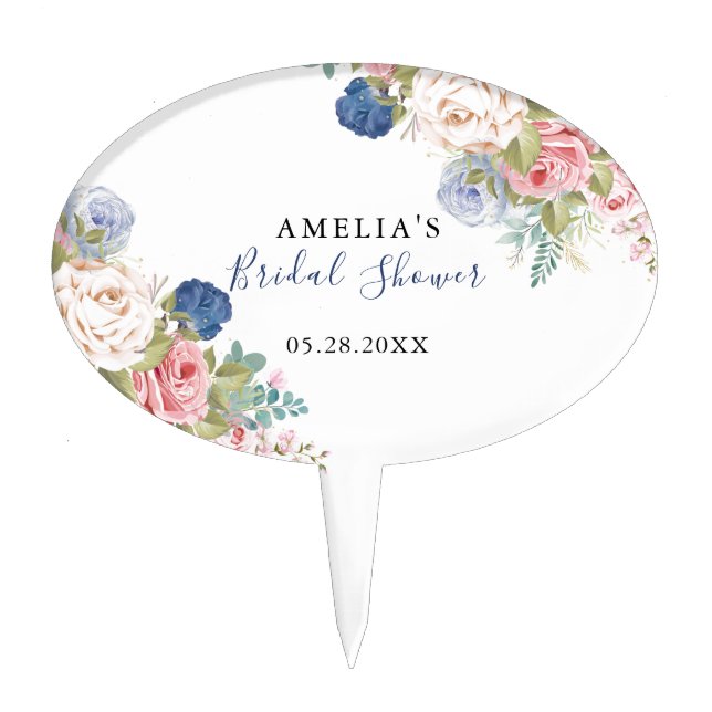 Rustic Navy Blush Pink Floral Bridal Shower Cake Topper (Front)