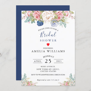 Rustic Navy Blush Pink Floral Bridal Shower Invitation