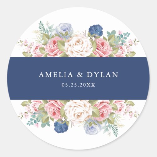 Rustic Navy Blush Pink Floral Modern Wedding  Classic Round Sticker