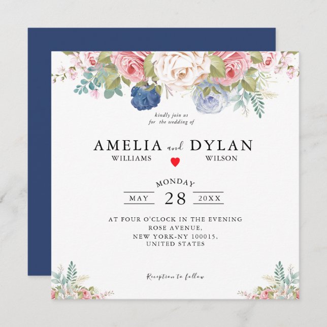 Rustic Navy Blush Pink Floral Modern Wedding Invit Invitation (Front/Back)